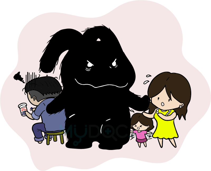 The Big Black Bunny blocking Evan from Lisa, his wife and Lemon, his daughter